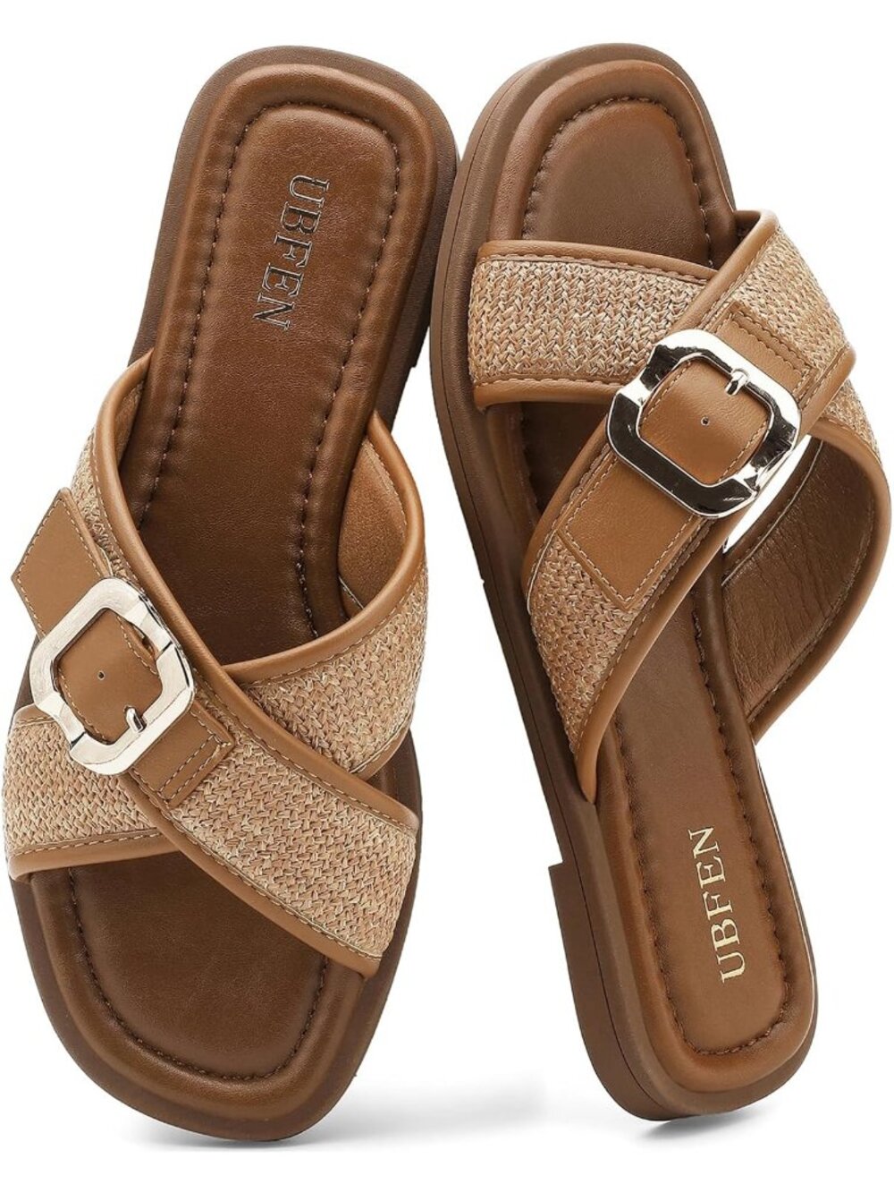 Women's Tan Square Toe Flat Sandals Slides Dressy Comfortable for Casual